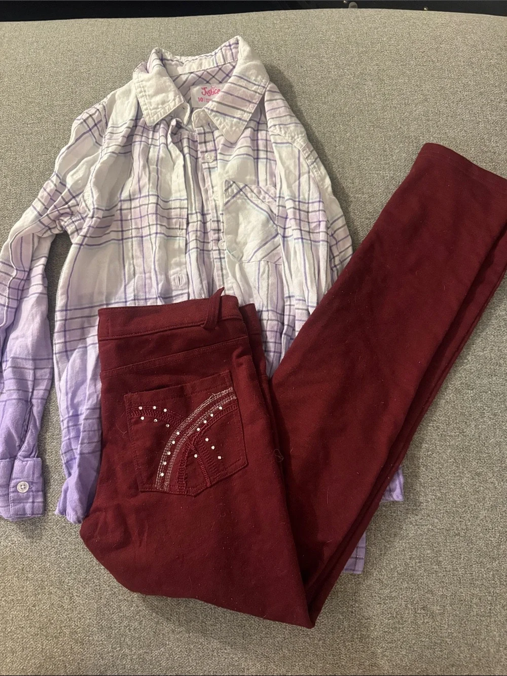 5/$15- Girls' Purple Plaid Button-Up Shirt with Burgundy Rhinestone Jeans